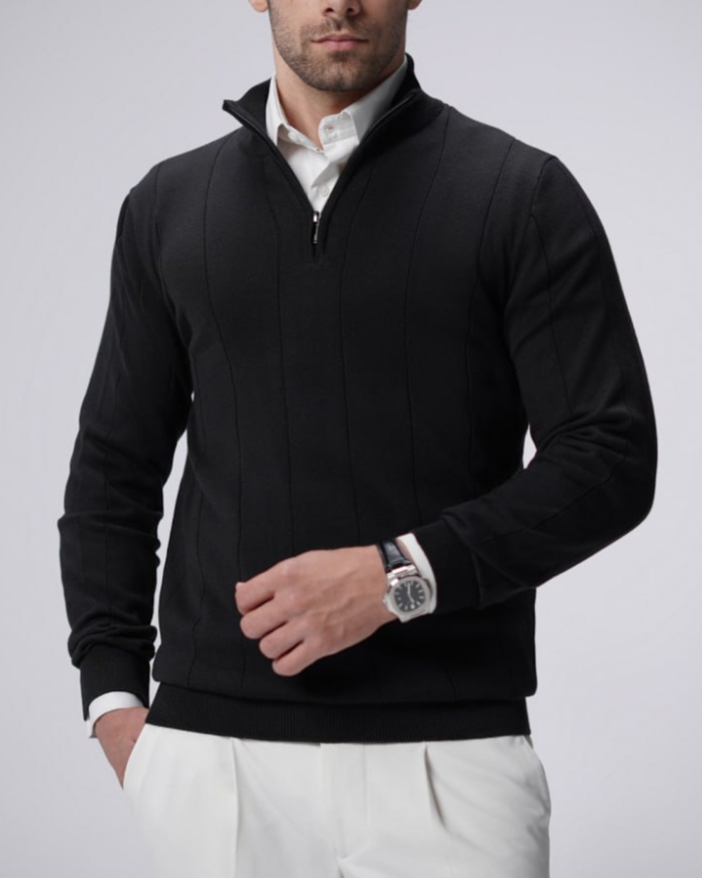 بافت نیم زیپ یقه ایستاده.